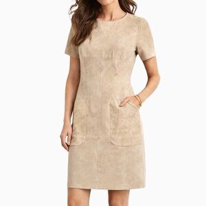 Karen Millen Suede Sheath Dress 6 Beige Tailored Designer